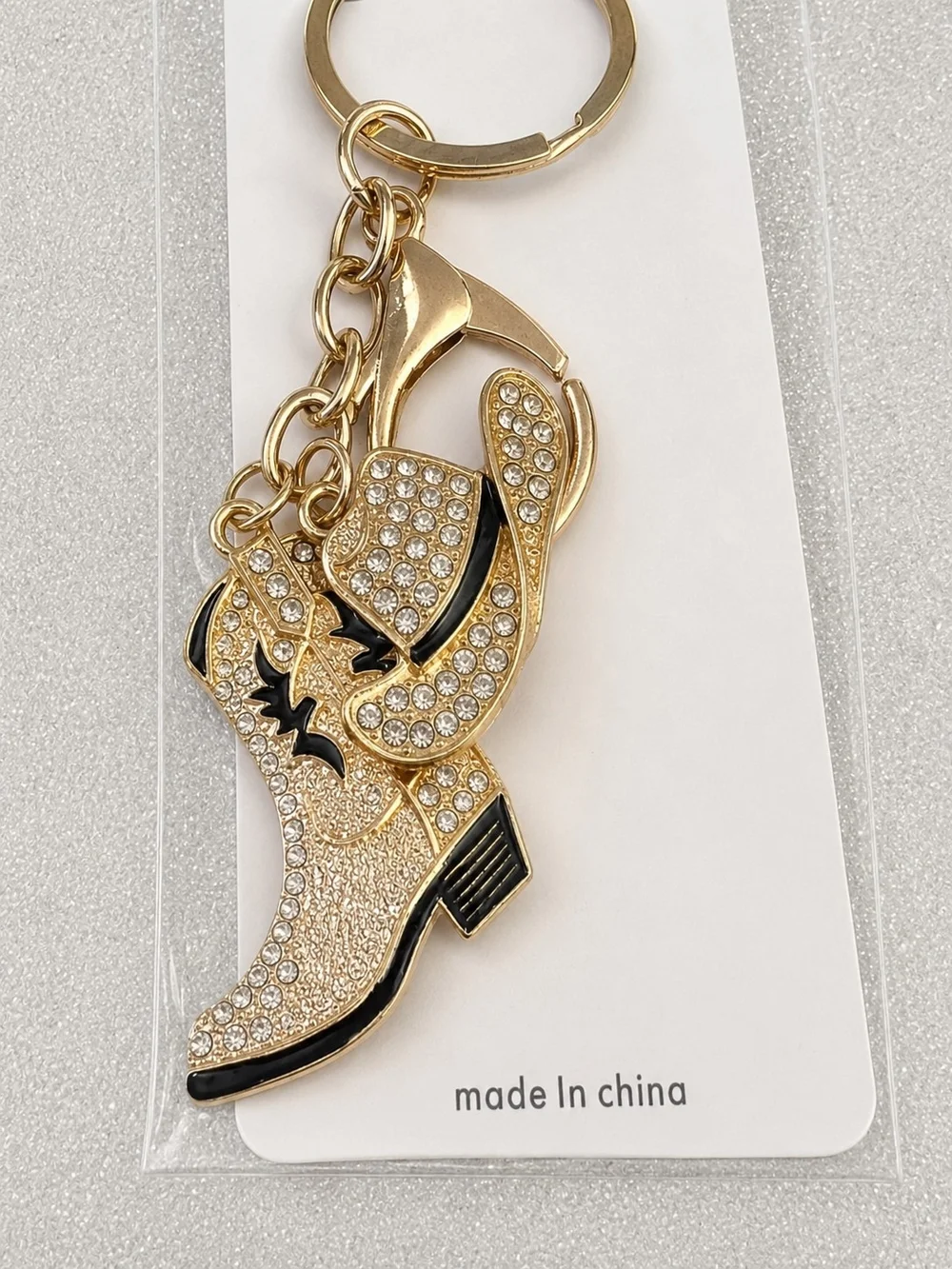 Mint Gold Rhinestone Cowboy Boot Keychain with Black Accents